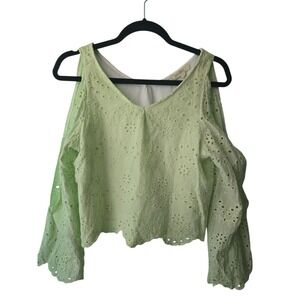 Rebellion BOHO Green Eyelet Cold Shoulder Fairy Long Sleeve‎ Crop Top Size Large